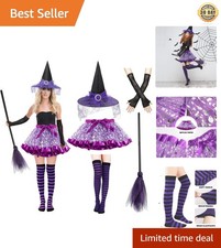 Purple Witch Costume Set - 5PCS Halloween Attire with Broom  Gloves for Adults