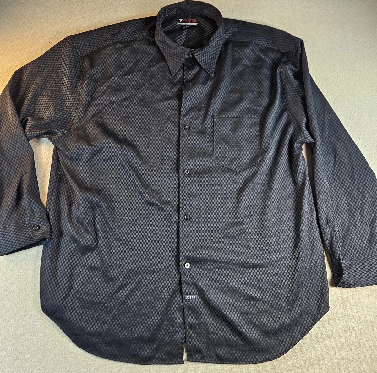 Camisa GUESS Jeans EE. UU. Para Hombres 4XL Negra Cuadros Y2K Manga Larga Abotonada