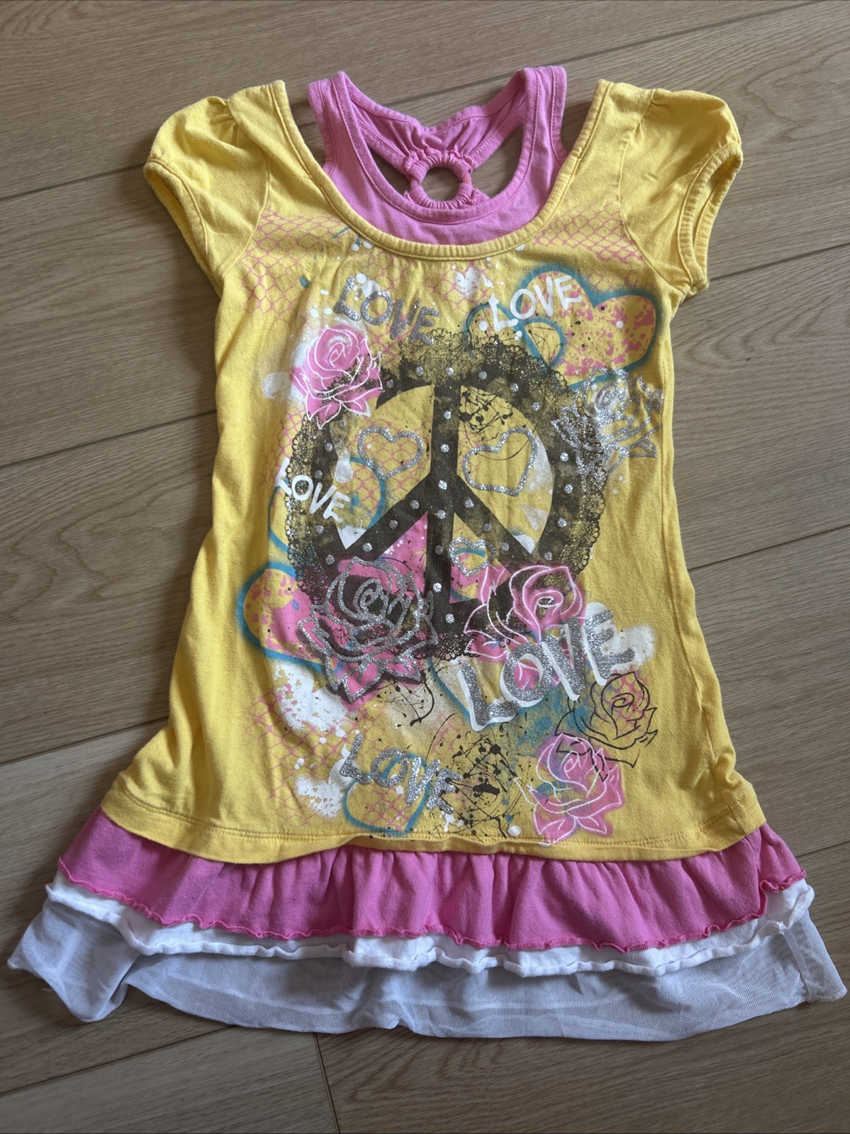 Túnica Top De Colección Y2K Ajustada Amarillo y Rosa Signo de la Paz Gráfico Niñas Jóvenes Talla Pequeña