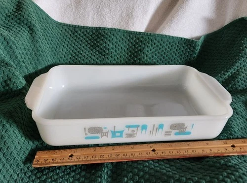 Anchor H Fire King VTG Atomic Blue Heaven White & Turquoise 10x6x2 Baking Dish