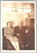 Vtg B&W Snapshot Mature Couple Couch Floral Dress Suit Living Room Lamp 1930s