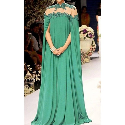 #ad #ad Green Chiffon Cape Sleeves Mother of the Bride High Neck Wedding Party Gowns $126.92