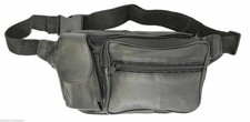 Black Solid Leather Fanny Pack 5 Pocket Travel Waist Belt Bag Cell Phone Holder