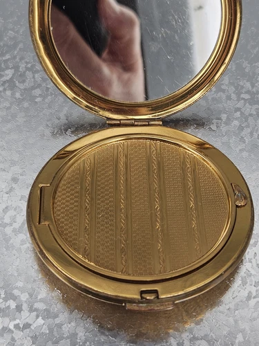 ヴィンテージ メリッサ コンパクト 1950年代 パウダー レディース 金箔 フェイク 真珠層 モップ ラウンド - 画像12/14