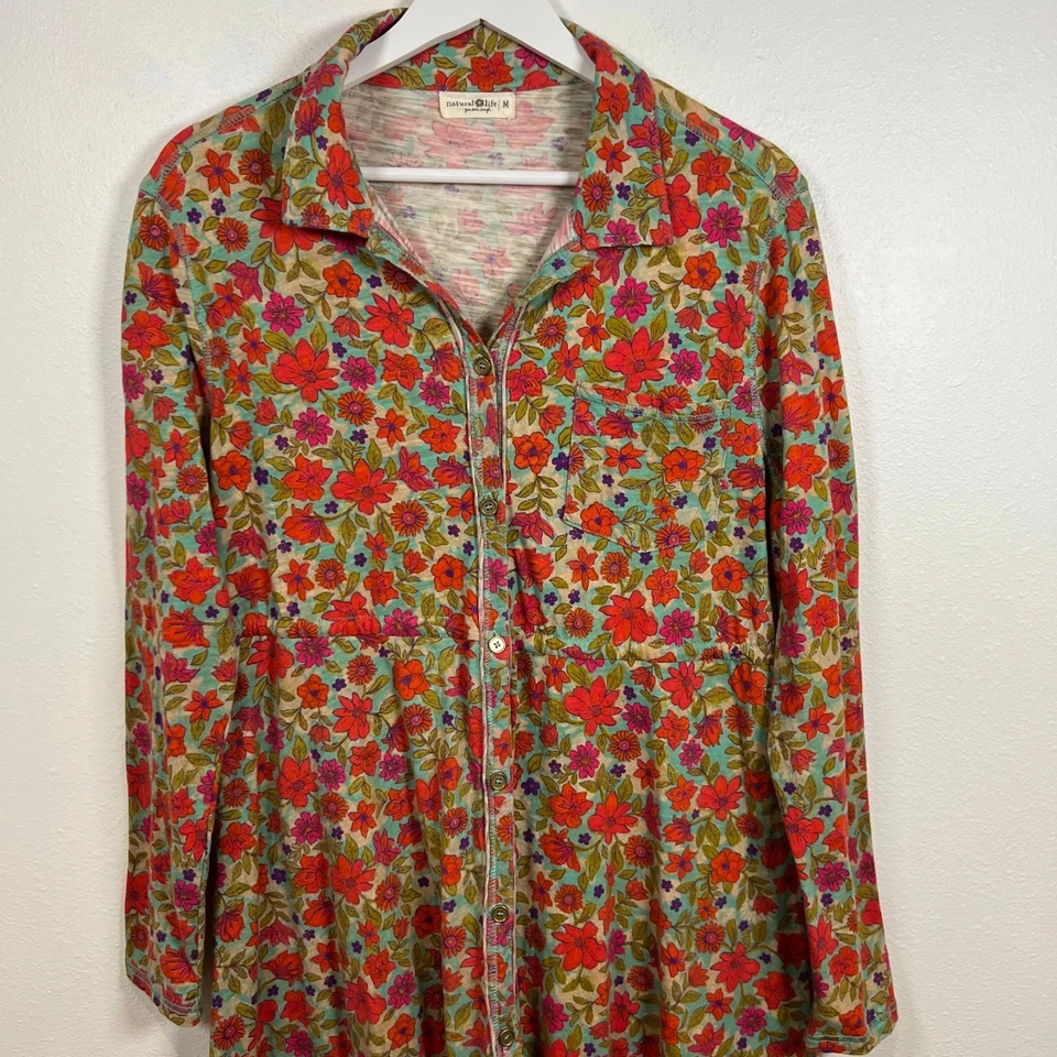 Natural Life Floral Midi Dress Size M Cottagecore Boho Button Down Cinched Waist - Image 2 of 4