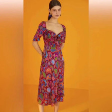 FARM RIO Red Lisa Midi Dress Heart Print Tie Front Ruffle neck Smocked $235 Smal