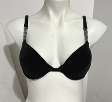 Victorias Secret Vintage 7051 Black Velvet Crystal Detail Strap Bra 34B
