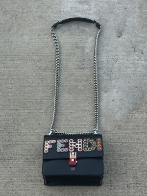 Pre owned Fendi small Black Studded Logo Kan I Leather