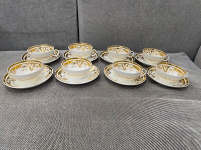 Antique English Porcelain Set of 8 Cups & Saucers w Gold Floral & Snowflake Dec.