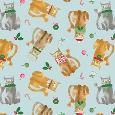 Feline Drive Fabric MAKE MERRY Cat Toss Light Blue - Fat Quarter 18"x 22" FQ