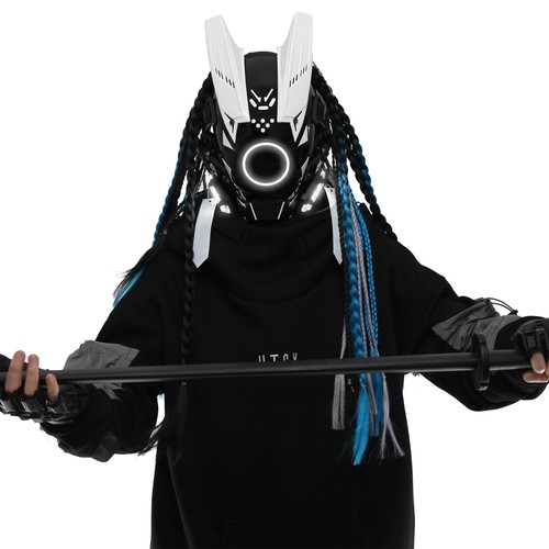 Futuristische Cybermaske mit LED-Leuchten für Cosplay und Techwear Mode - Bild 24 von 80