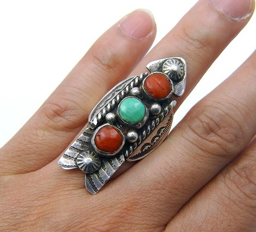 Estate Natural Turquoise Red Coral .925 Sterling Silver Navajo Designer Ring - 第 1/5 張圖片