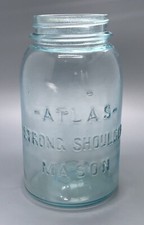 Aqua Blue Glass Quart Canning Jar / Vtg Kitchen Decor / Atlas Strong Shoulder
