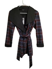 Chocolate Usa Womens Jacket Small Burgundy Black Plaid Checkered Belted Ladies