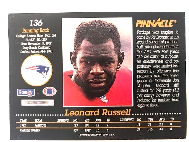 NFL - 1993 Pinnacle Football Leonard Russell - Patriots | eBay