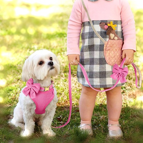 3pcs Cute Bow Tie Dog Collar & Harness & Leash Soft Mesh Walking Vest Adjustable - Picture 7 of 60