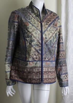 Coldwater Creek Sz 16 XL Folkloristische Kunst Khaki Cotton Pieced Gesäumt Jacke