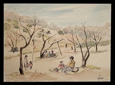 A DAY THE IN PARK JAPANESE WATERCOLOR PAINTING INK DRAWING MIXED MEDIA ART HIRO