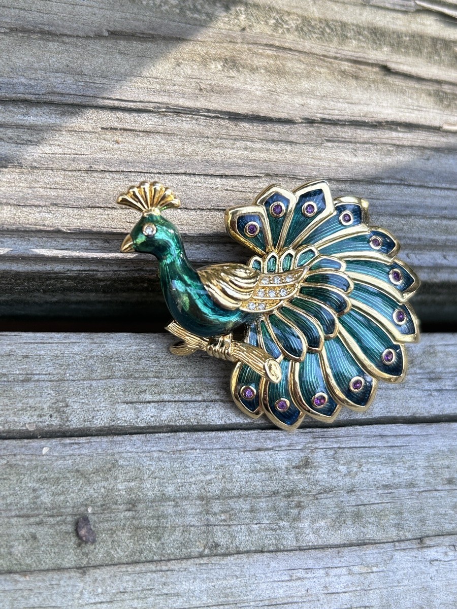 Made with Swarovski Peacock Brooch Pin Enamel Crystals *not Signed