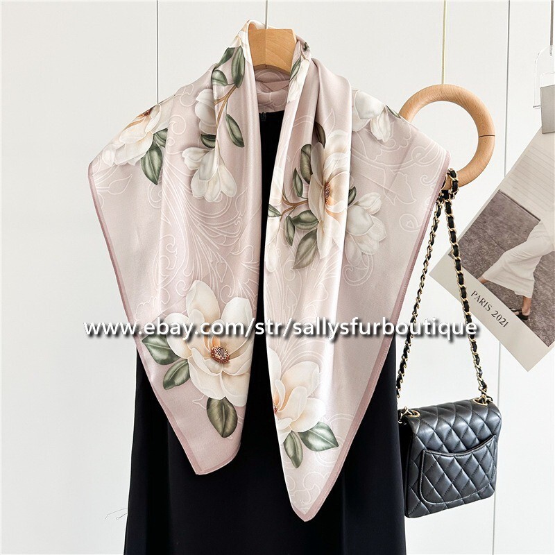 Sallys Boutique 100% Satin Silk Wrap Scarf Camellia Print Square Shawl 35