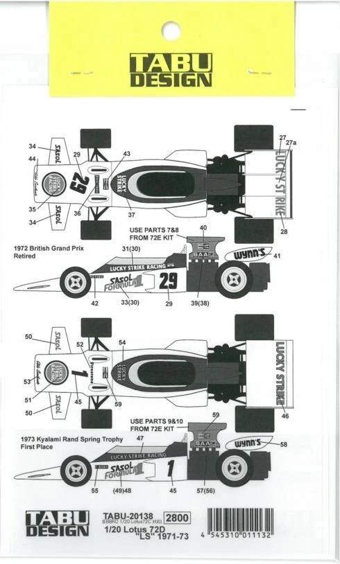 TABU DESIGN 1/20 Lotus 72D Lucky Strike 1971-1973 per decalcomania EBBRO TABU... - Immagine 3 di 3
