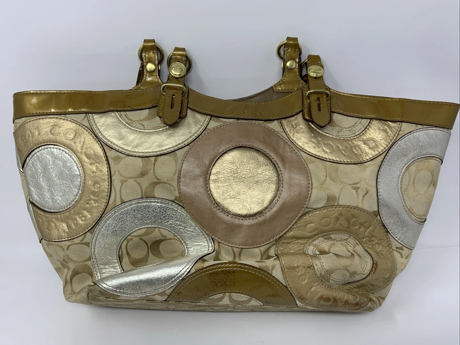 BORSA A TRACOLLA COACH CARLY PATCHWORK METALLIZZATA ORO MARRONE CHIARO PELLE MACCHIA SPORCA