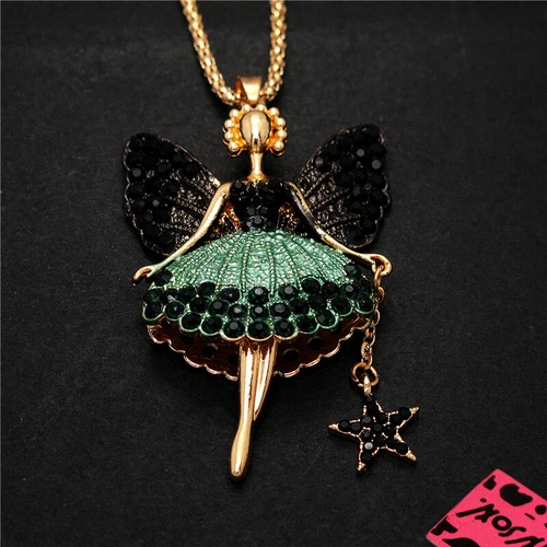 New Fashion Women Cute Enamel Crystal Ballet Fairy Angel Sweater Chain Necklace