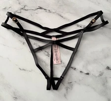 Victoria's Secret Thong Panty Very Sexy Black Faux Leather Buckle Open High Leg