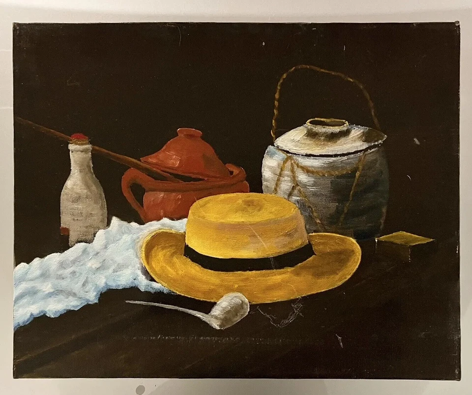 Van Gogh Original Painting Study StillLife Pipe Straw Hat Handmade Varnished 20” - Image 3 of 4