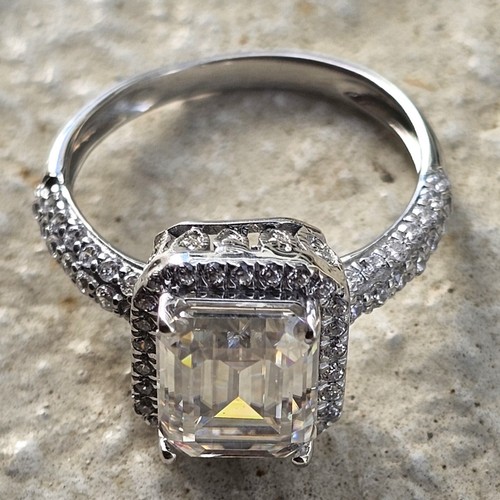 3CT Emerald Cut Real Moissanite Halo Engagement Ring 14kWhite Gold Plated Silver
