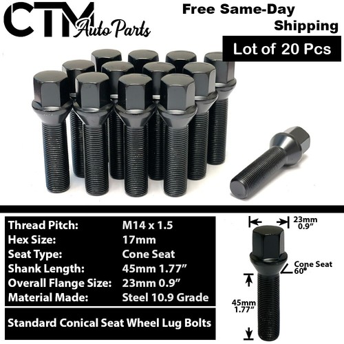 20x 14x1.5 BLACK CONE SEAT LUG BOLTS 45MM SHANK MOST MERCEDES AUDI VW 17MM HEX