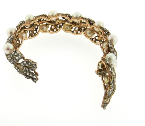 Buccellati 18k Gold Silver Rose Cut Diamond Pearl Leaf Motif Cuff Bracelet - Picture 5 of 8