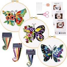 3 Sets Butterfly Floral Embroidery Kit for Beginners Adults, Stamped Cross Stitc