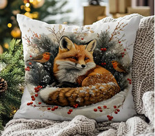 THROW PILLOW COVER- Winter Fox and Birds with Snowy Forest  Red Berries, Zipper