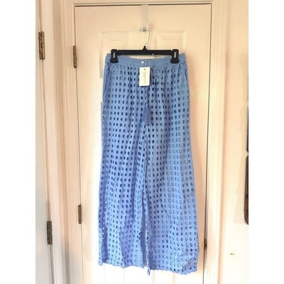 Dotti Peri Blue Eyelet Swim Cover-Up Pants Wide Leg Tassel Drawstring NEW Small