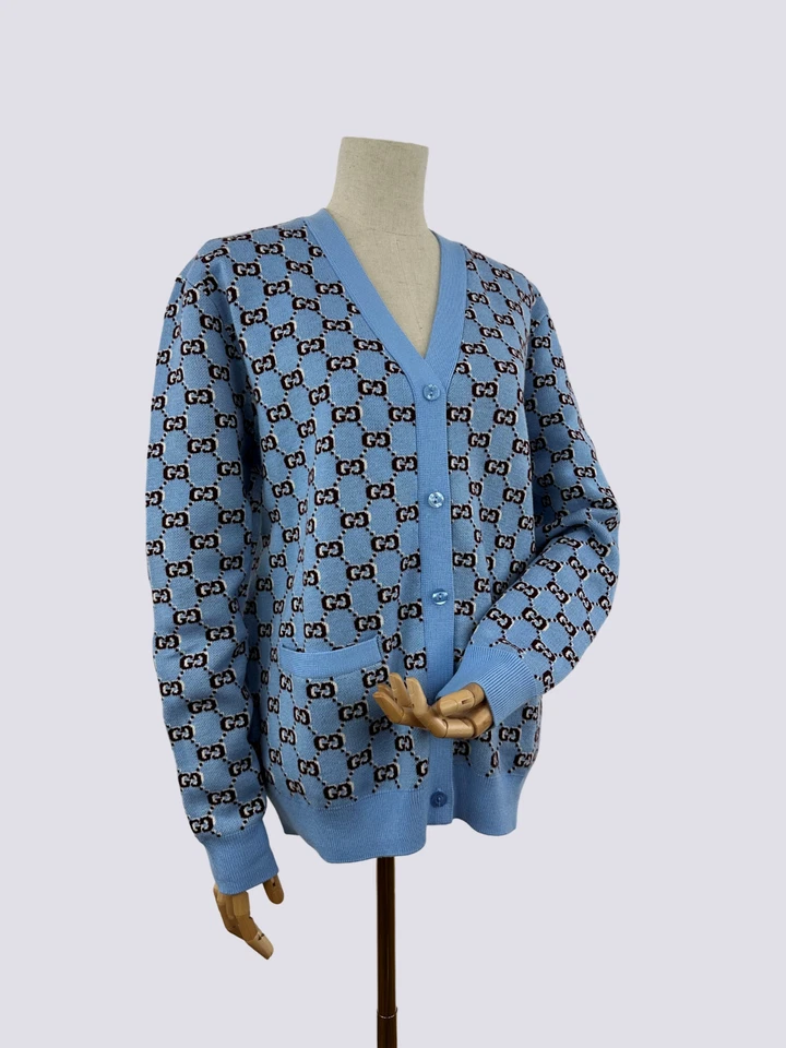 Gucci GG Shadow Monogram Cárdigan de lana Jacquard Suéter azul Talla M Foto 3 de 4