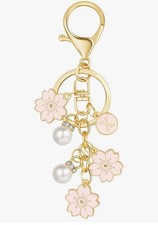 Initial Keychain White/Pink Flower Charms for Key Cute Pearl Letter Keyring