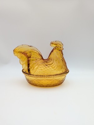 Kempler Amber Gold Glass Split Tail Rooster On Nest Vintage 6.5'' READ!