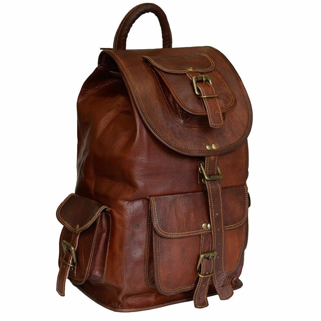 Leather Goat Vintage Backpack Travel Bag Genuine Laptop Men's Rucksack Brown Men