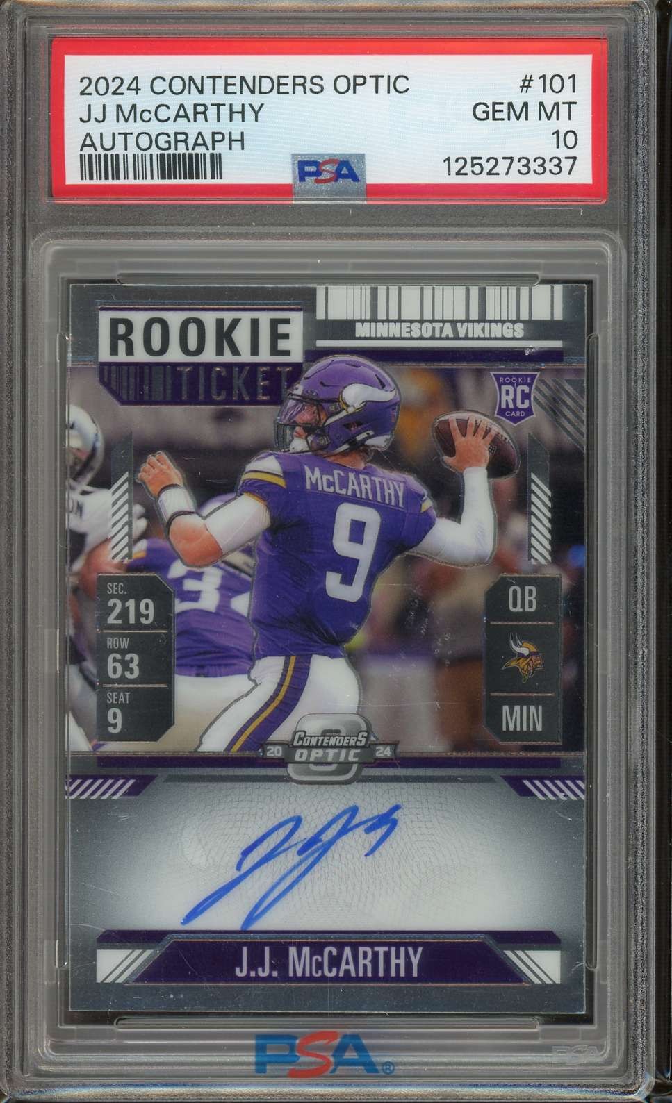 2024 Panini Contenders Optic #101 J.J. McCarthy Rookie Ticket Auto PSA 10