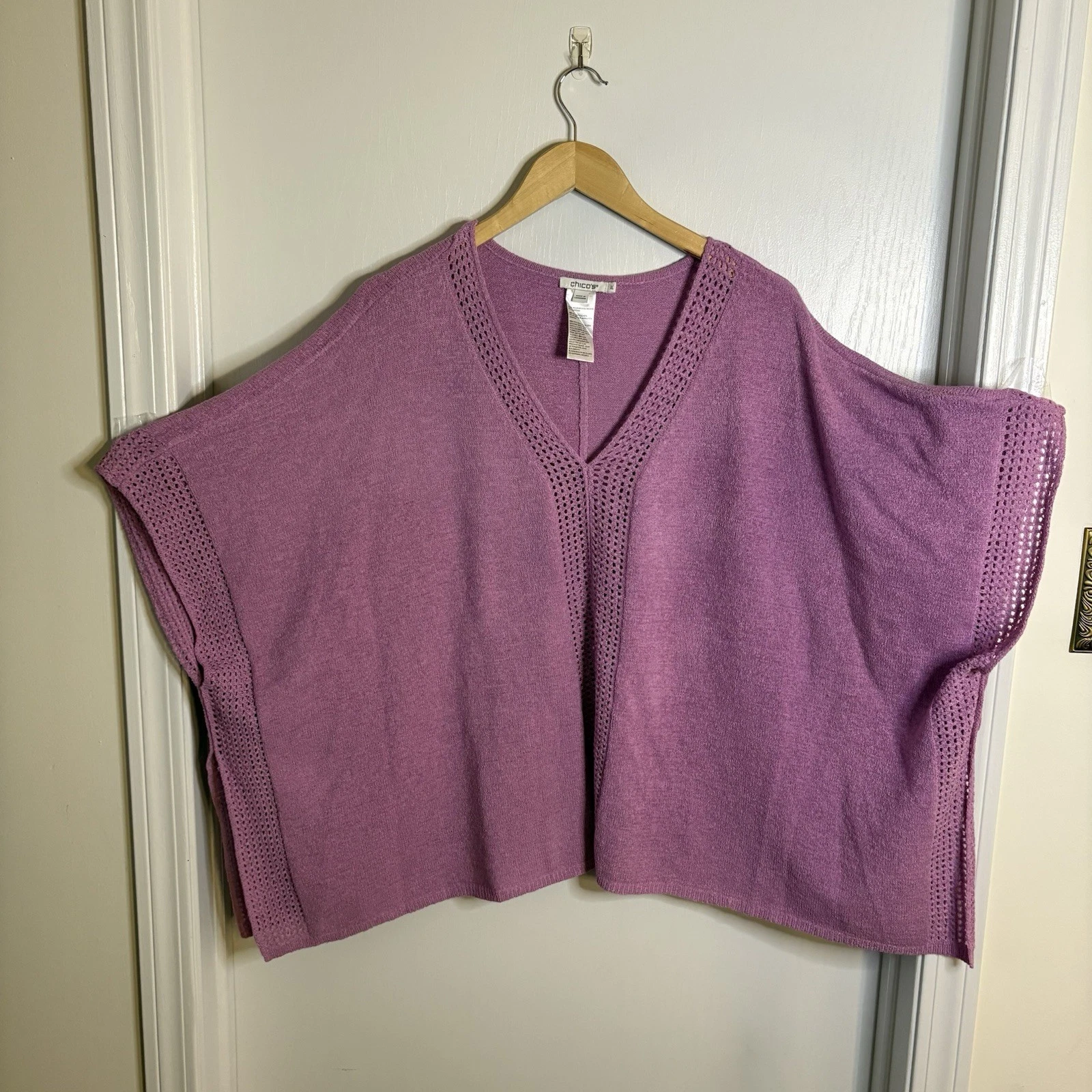 Chico's Lavender Open-Knit Trim Poncho Sweater Women’s L/XL Minimalist Boho