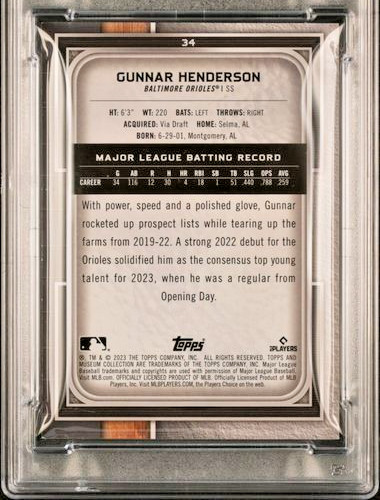 2023 Topps Museum Collection /299 Gold Rookies #34 Gunnar Henderson RC SP PSA 8 view 5