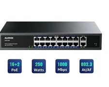 Aumox 18-Port Ethernet Gigabit PoE Switch, 16-Port PoE with 2 Uplink Gigabit ...