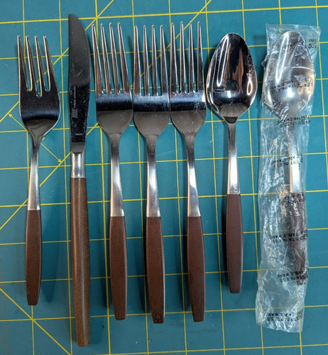 EKCO Eterna Stainless Japan Mid Century Wood Handle Flatware Set 9 PC Teak Fork