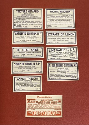 Vintage Drug Store Pharmacy Apothecary Labels Walgreens Anacin Ipecac 10B