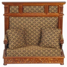 Dolls House Walnut Tudor Bench with Pillows JBM Miniature Hall Furniture 1:12