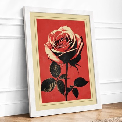 Kräftige rote Rose Vintage gerahmter Wandkunstdruck Wohndeko fertig zum Aufhängen