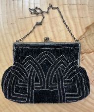 Antique Art Deco Glass Beaded Black  Silver Evening Bag With Chain Handle