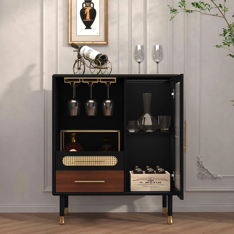 Modern Coffee Bar Cabinet with Wine Glass Rack and Drawers, Black Liquor Cabinet - Image 4 of 4