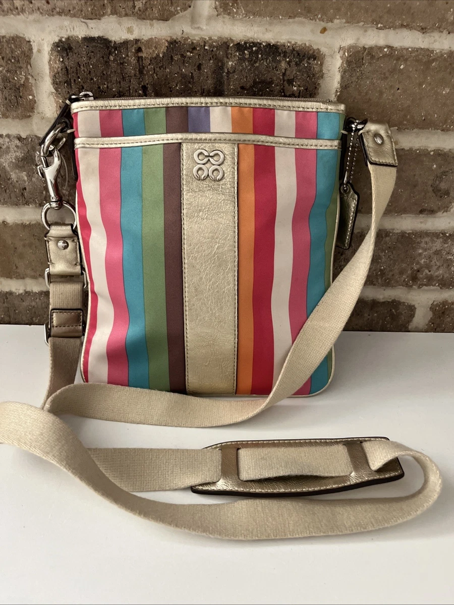 バッグ Coach Legacy Striped Rocker Crossbody COACH Vintage Legacy Striped Crossbody Purse Metallic Gold Leather